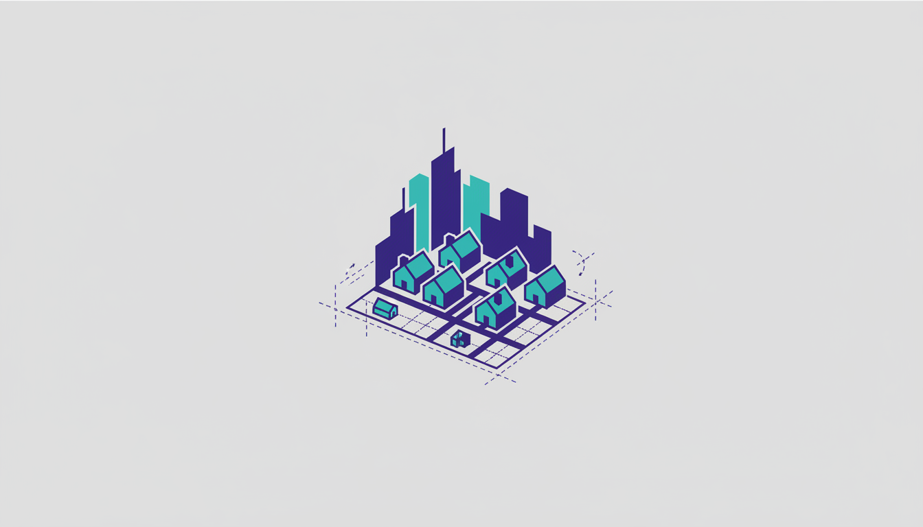 Blueprint of a housing development with a city skyline