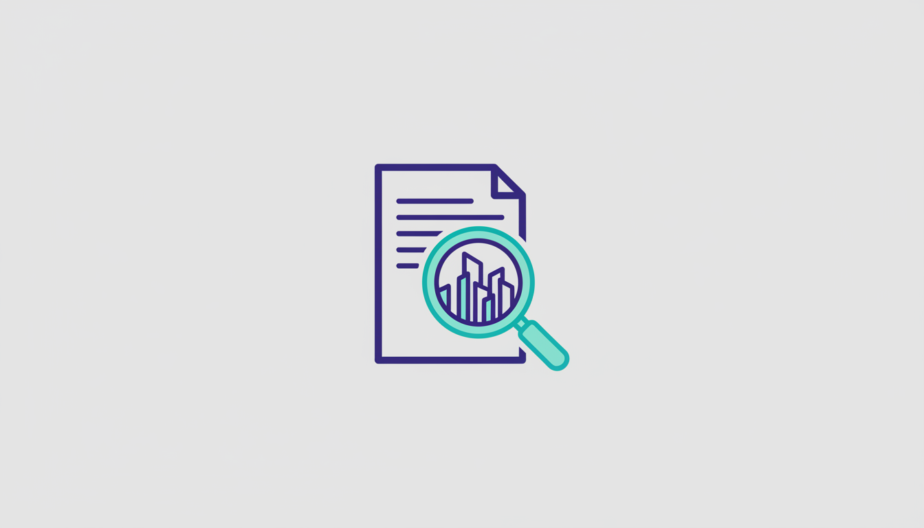 Document with a magnifying glass and a city skyline representing real estate procurement