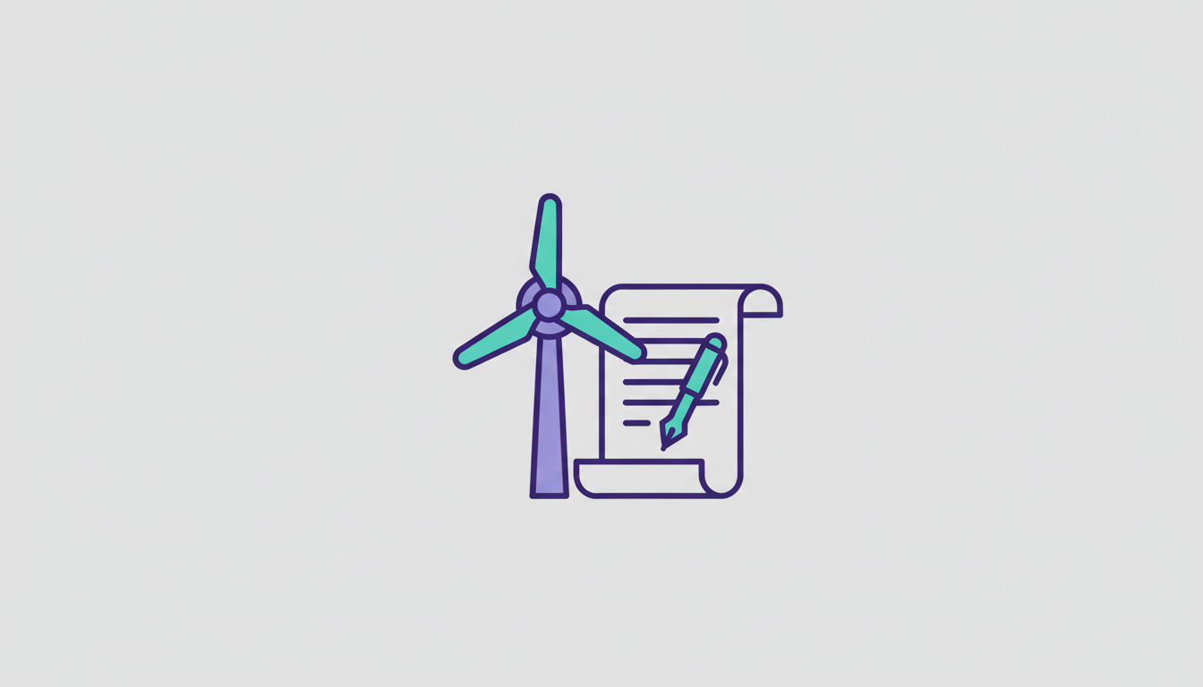 Wind turbine next to a contract document and a pen