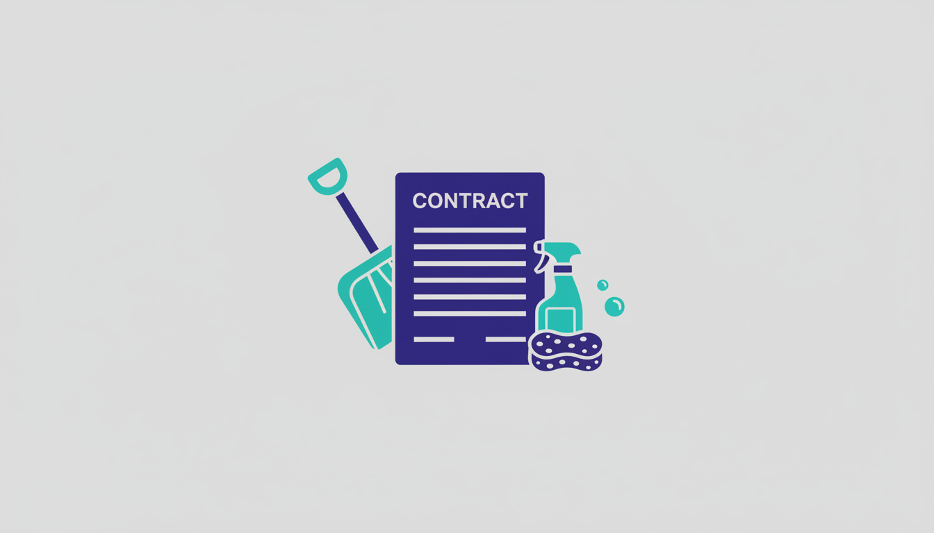Illustration of a contract with snow removal and cleaning tools
