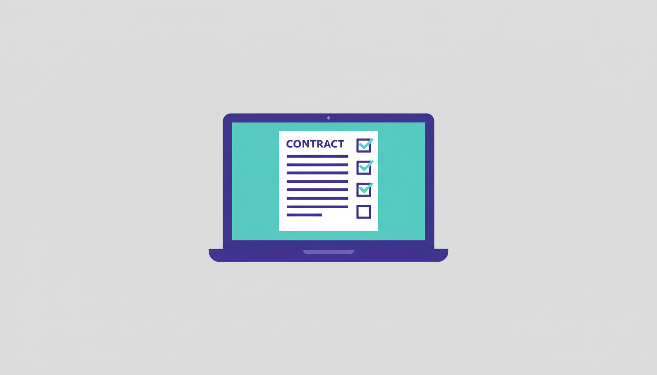 Digital contract with checklist and laptop representing procurement
