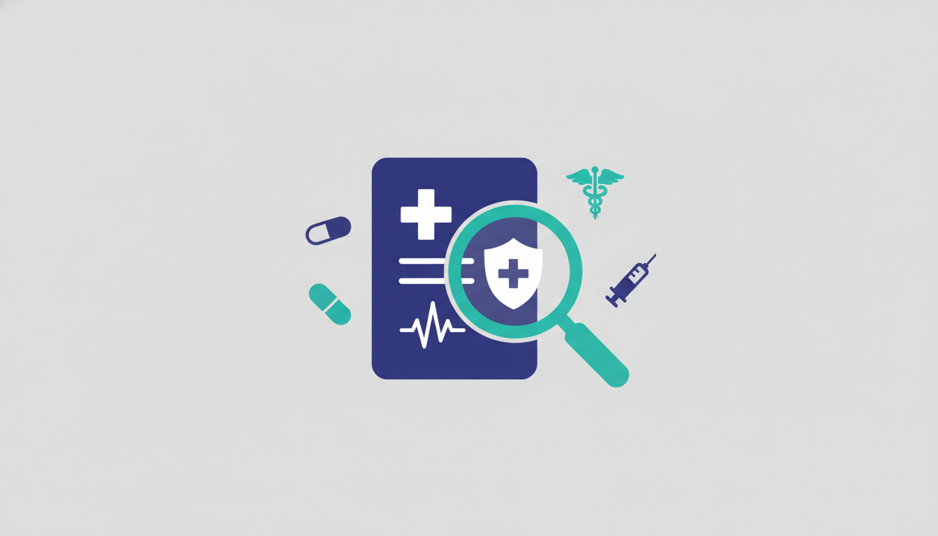 Illustration of a document with a magnifying glass and healthcare symbols