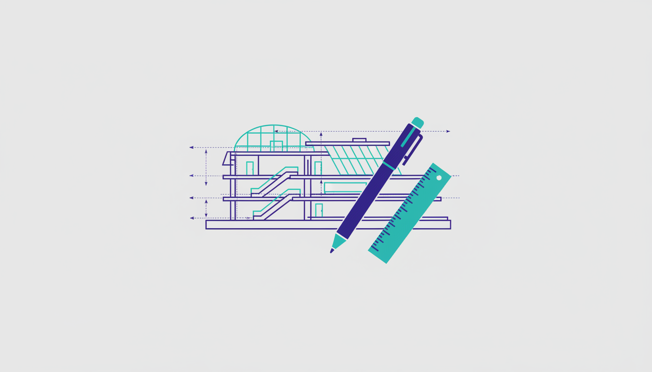 Blueprint of a transit station with drafting tools