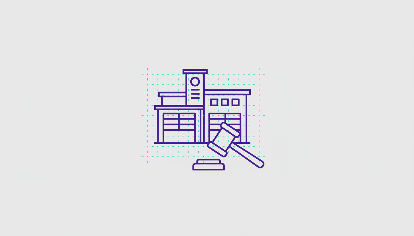 Blueprint of a fire station with a gavel symbolizing approval