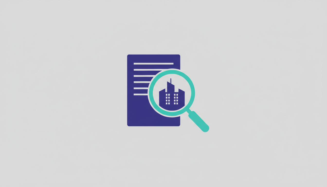 Document with a magnifying glass over a city skyline