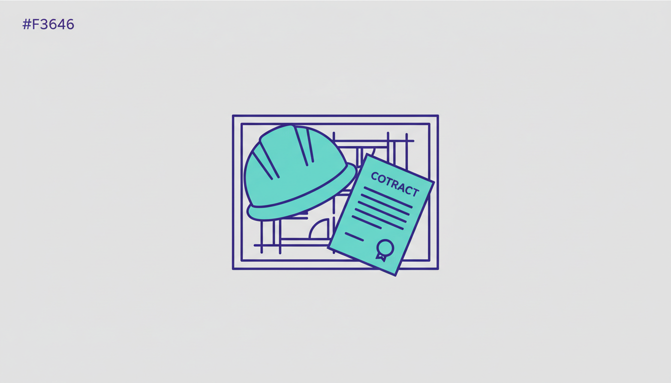 Blueprint of a construction project with a hard hat and contract