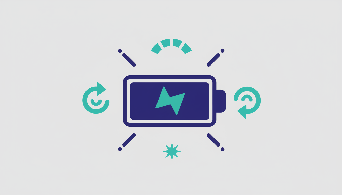 Illustration of a large energy storage battery with renewable energy icons