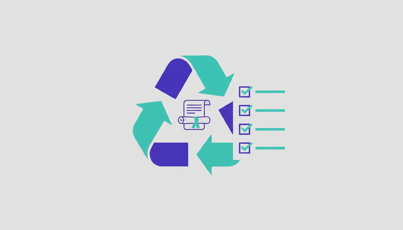 Illustration of a recycling symbol alongside a contract and checklist