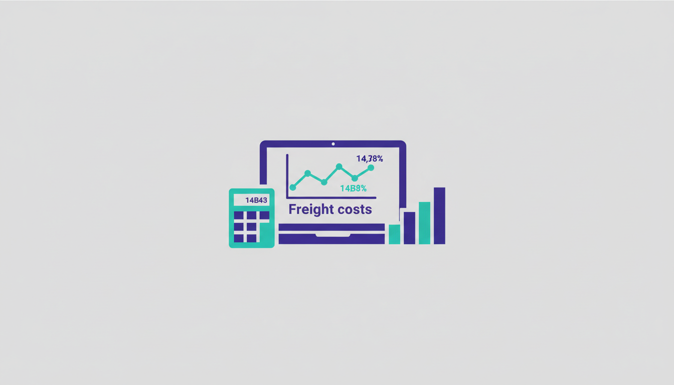 Laptop showing freight procurement data with calculator and charts