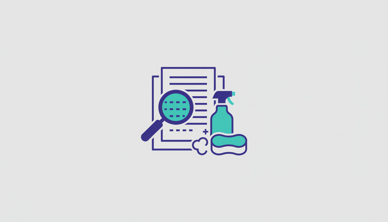Document with a magnifying glass and cleaning supplies