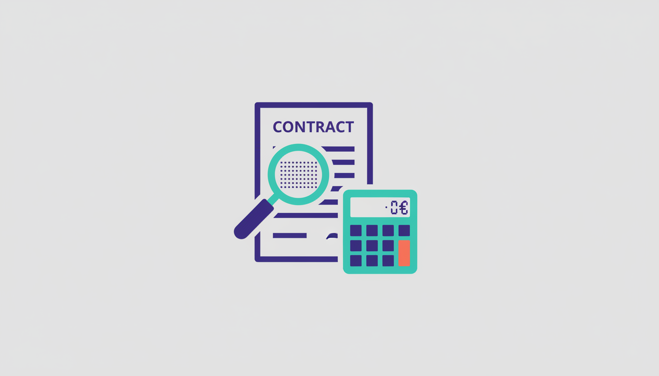Illustration of a contract with a magnifying glass and calculator