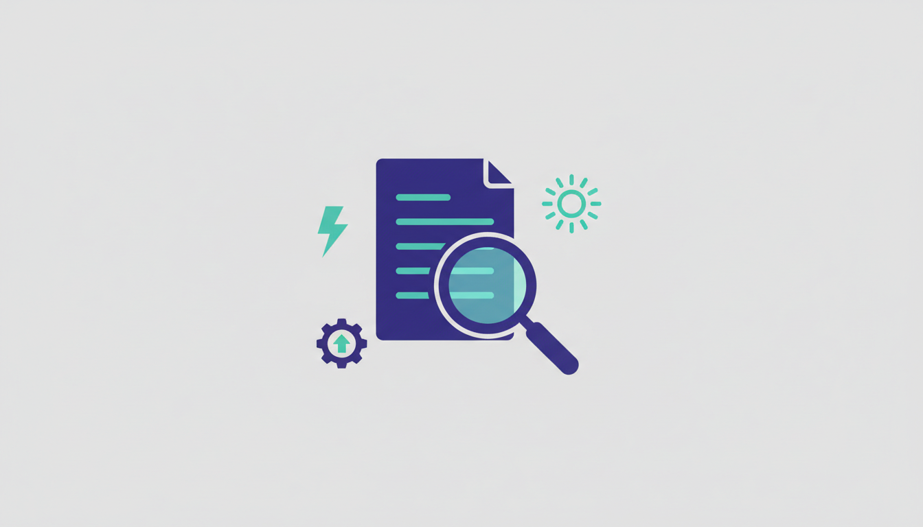 Illustration of a document with a magnifying glass and energy symbols