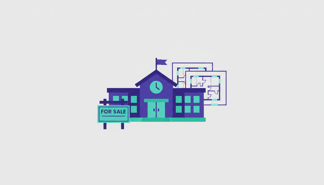 Illustration of a school building with a for sale sign